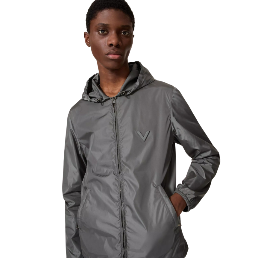 blouson Coupe vent zippé VALENTINO capuche nylon gris logo V métal