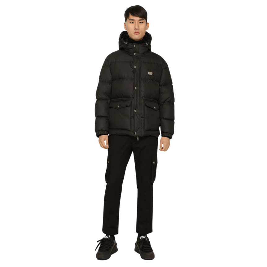 Doudoune capuche DOLCE & GABBANA nylon noir étiquette logo métal