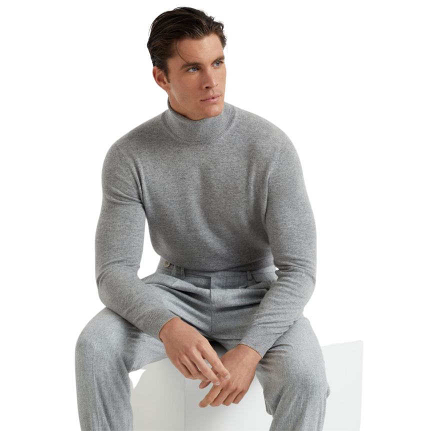 Pull BRUNELLO CUCINELLI col roulé cachemire gris clair chiné