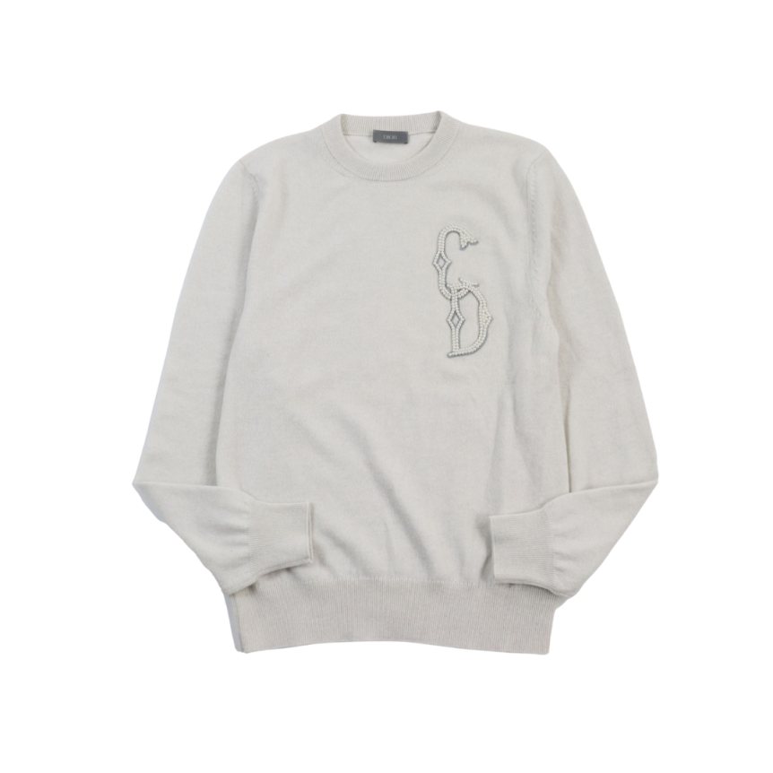 DIOR Pull col rond Cash cachemire beige broderie logo CD perles