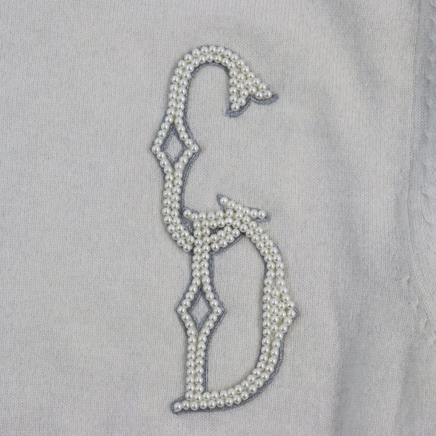 DIOR Pull col rond Cash cachemire beige broderie logo CD perles