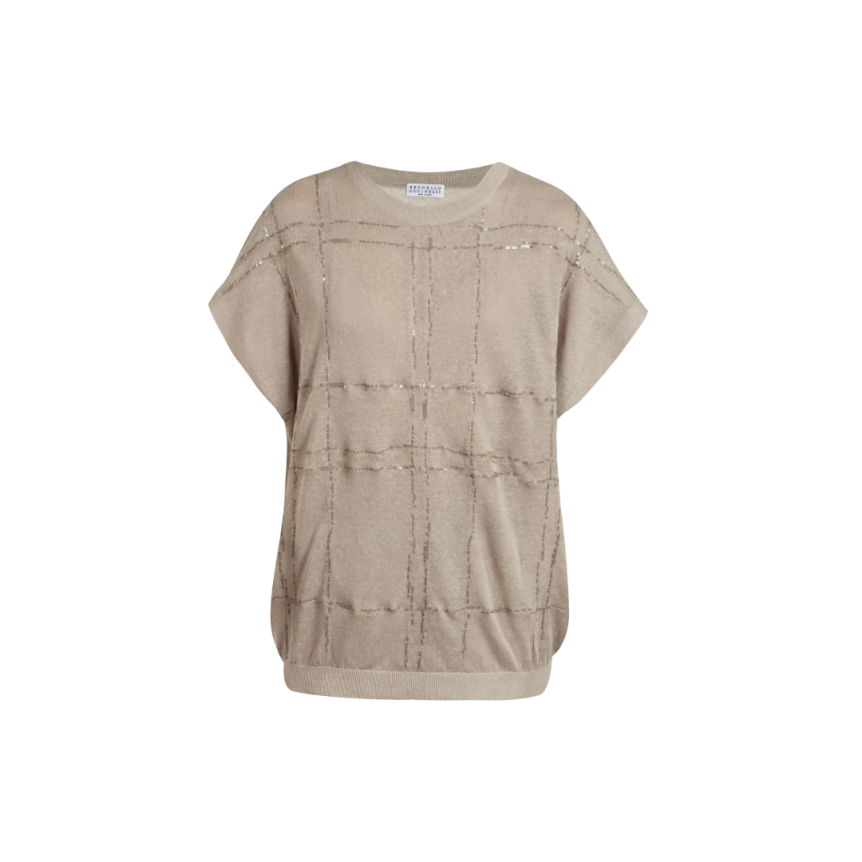 BRUNELLO CUCINELLI Pull manches courtes lin beige broderie sequins