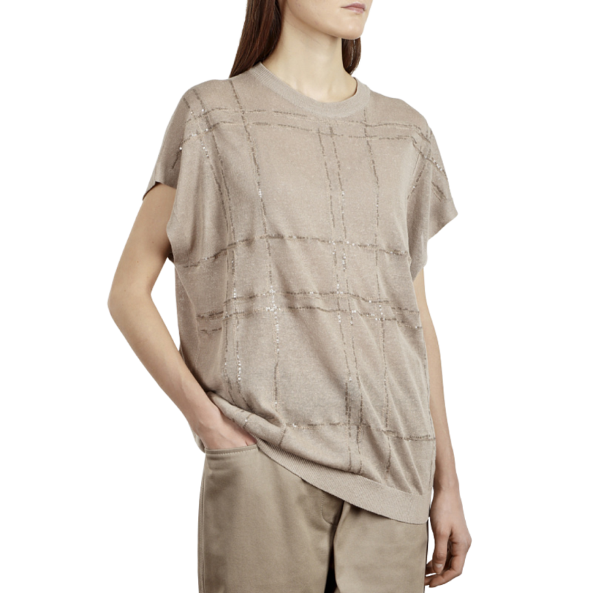 BRUNELLO CUCINELLI Pull manches courtes lin beige broderie sequins