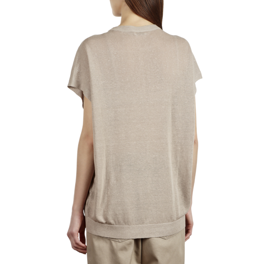 BRUNELLO CUCINELLI Pull manches courtes lin beige broderie sequins