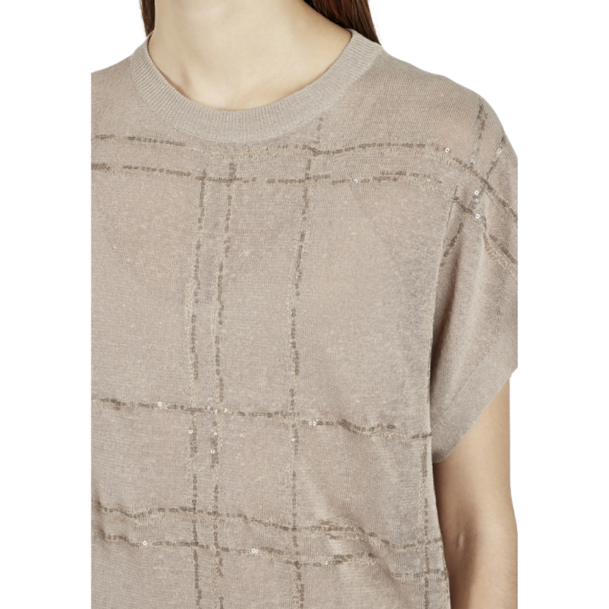 BRUNELLO CUCINELLI Pull manches courtes lin beige broderie sequins