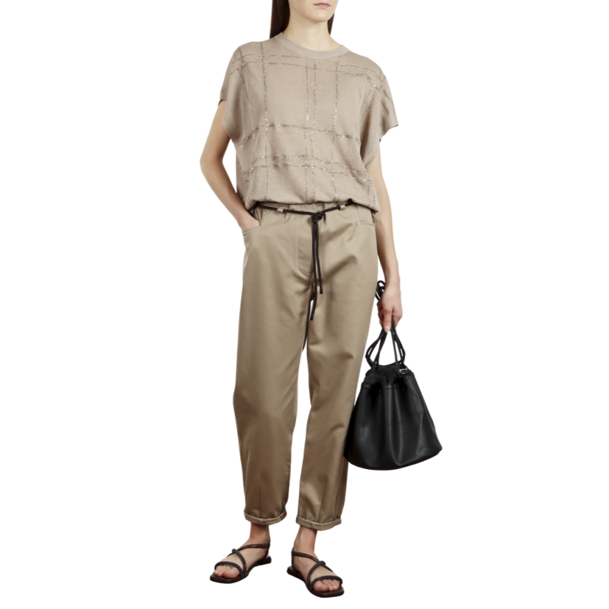 BRUNELLO CUCINELLI Pull manches courtes lin beige broderie sequins