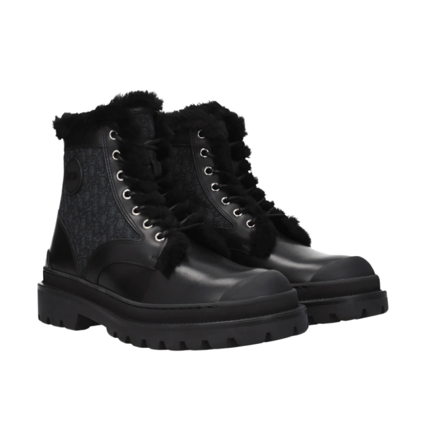 Bottines DIOR Explorer cuir noir lacets toile jacquard noir