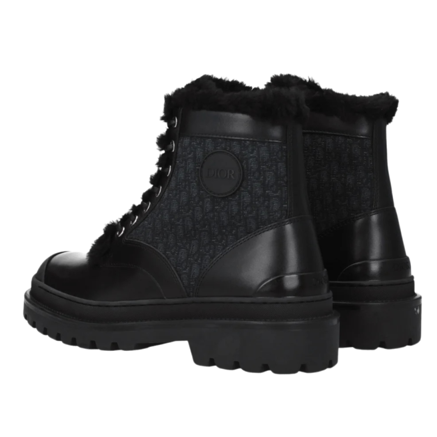 Bottines DIOR Explorer cuir noir lacets toile jacquard noir