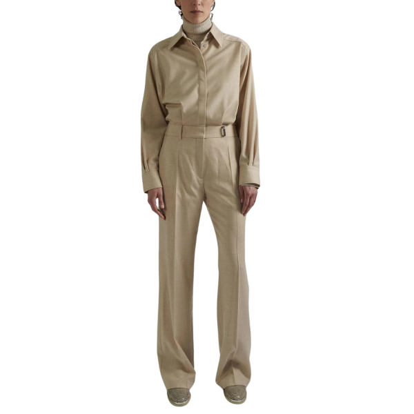 Combinaison pantalon BARBARA BUI laine flanelle sable col chemise ceinture