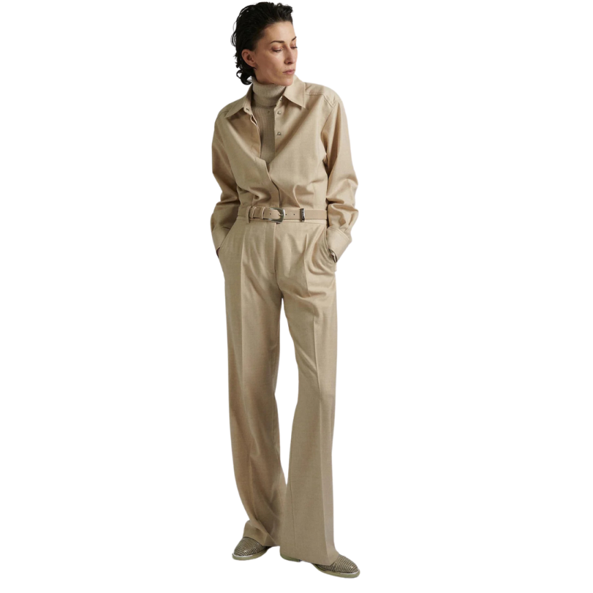 Combinaison pantalon BARBARA BUI laine flanelle sable col chemise ceinture