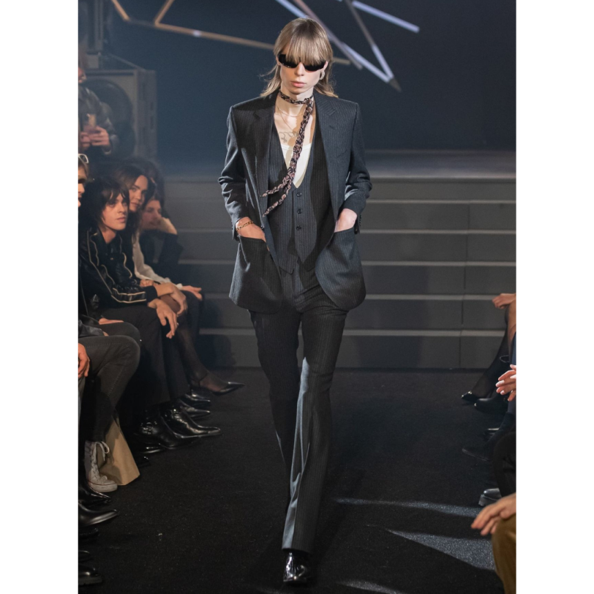 veste CELINE Carnaby Défilé flanelle laine gris anthracite fine rayures craie