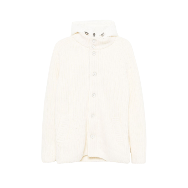 Cardigan HERNO capuche bi matière nylon doudoune laine vierge écrue
