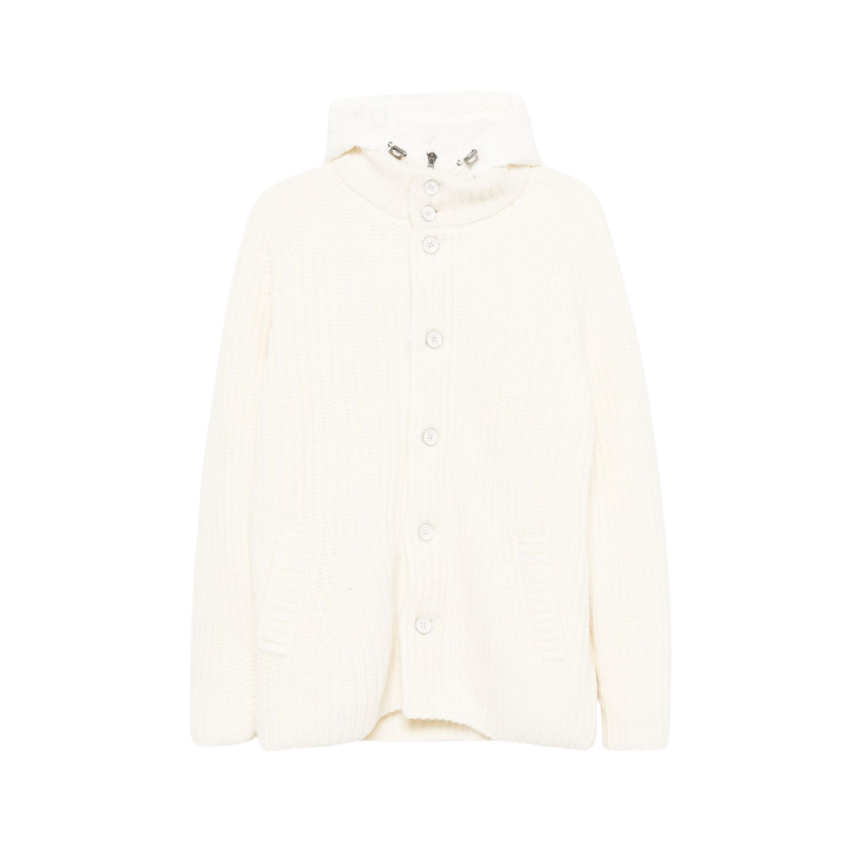Cardigan HERNO capuche bi matière nylon doudoune laine vierge écrue