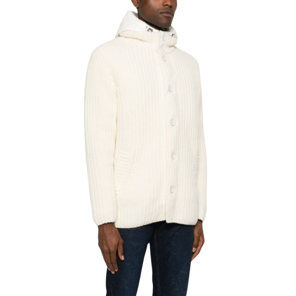 Cardigan HERNO capuche bi matière nylon doudoune laine vierge écrue