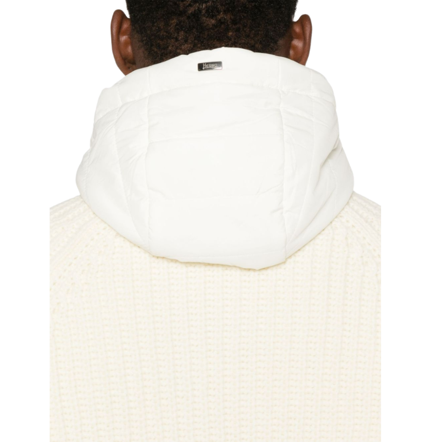 Cardigan HERNO capuche bi matière nylon doudoune laine vierge écrue
