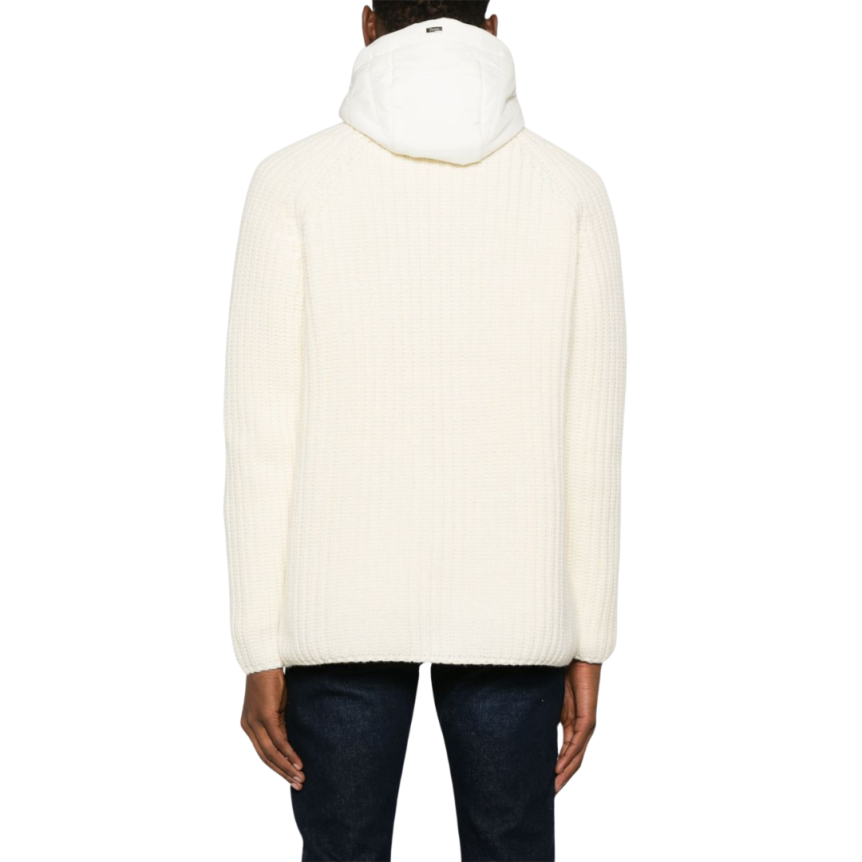 Cardigan HERNO capuche bi matière nylon doudoune laine vierge écrue