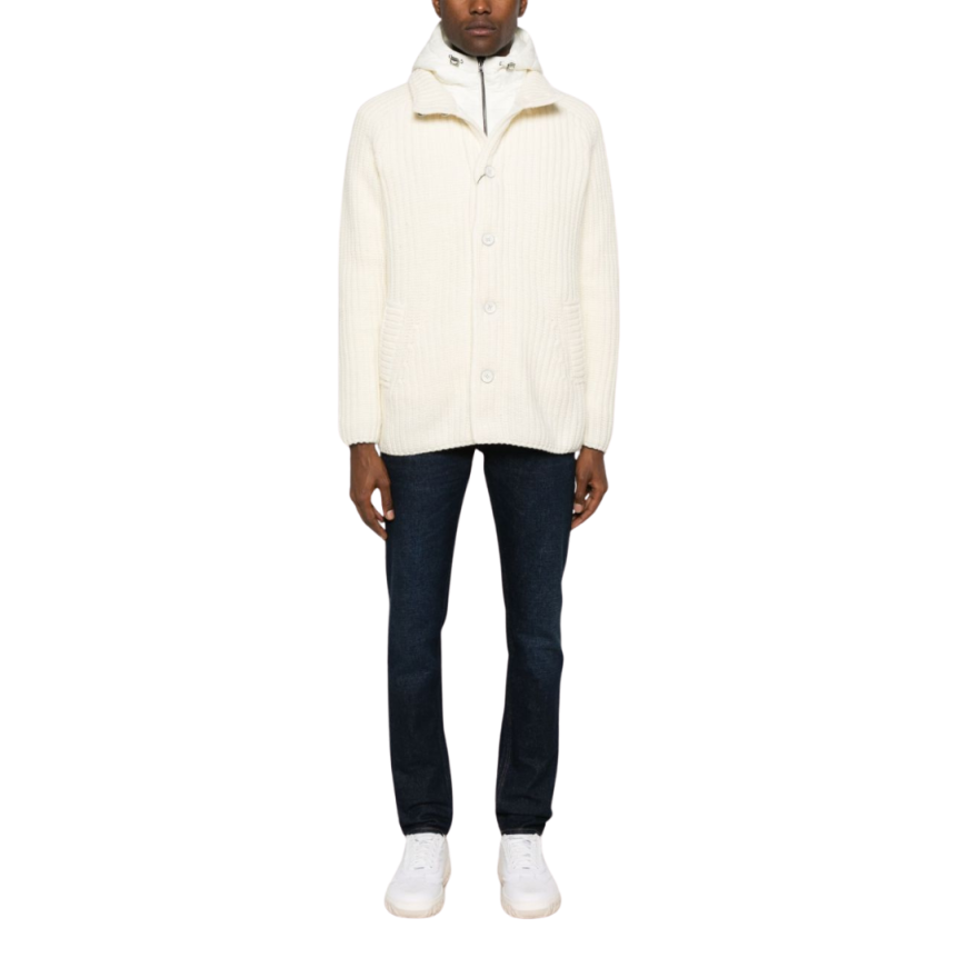 Cardigan HERNO capuche bi matière nylon doudoune laine vierge écrue