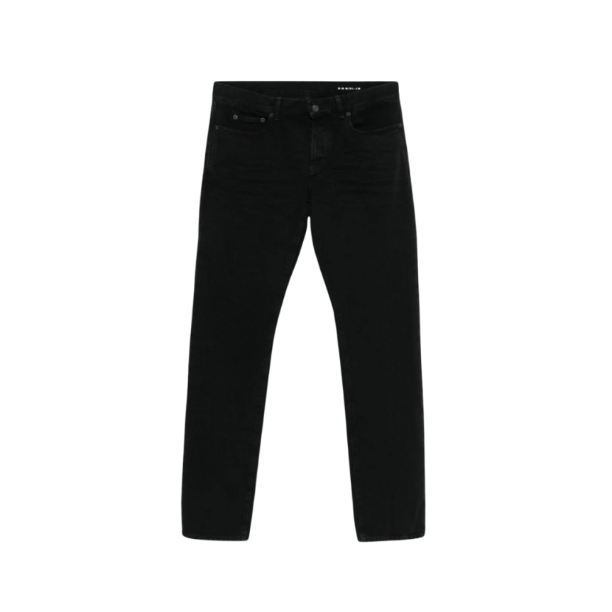 Jeans slim SAINT LAURENT coton denim noir délavé plaque cuir noir