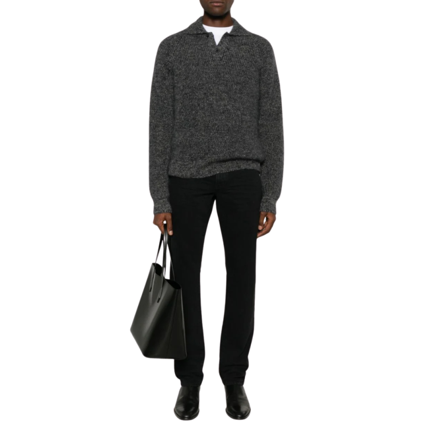 Jeans slim SAINT LAURENT coton denim noir délavé plaque cuir noir