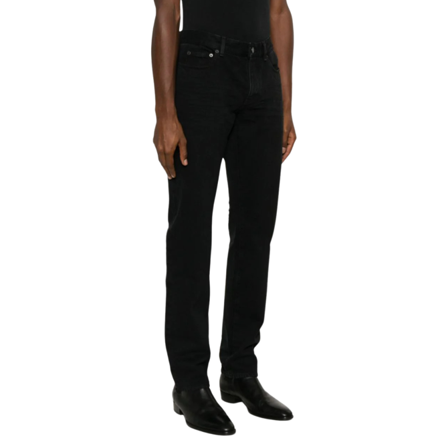 Jeans slim SAINT LAURENT coton denim noir délavé plaque cuir noir
