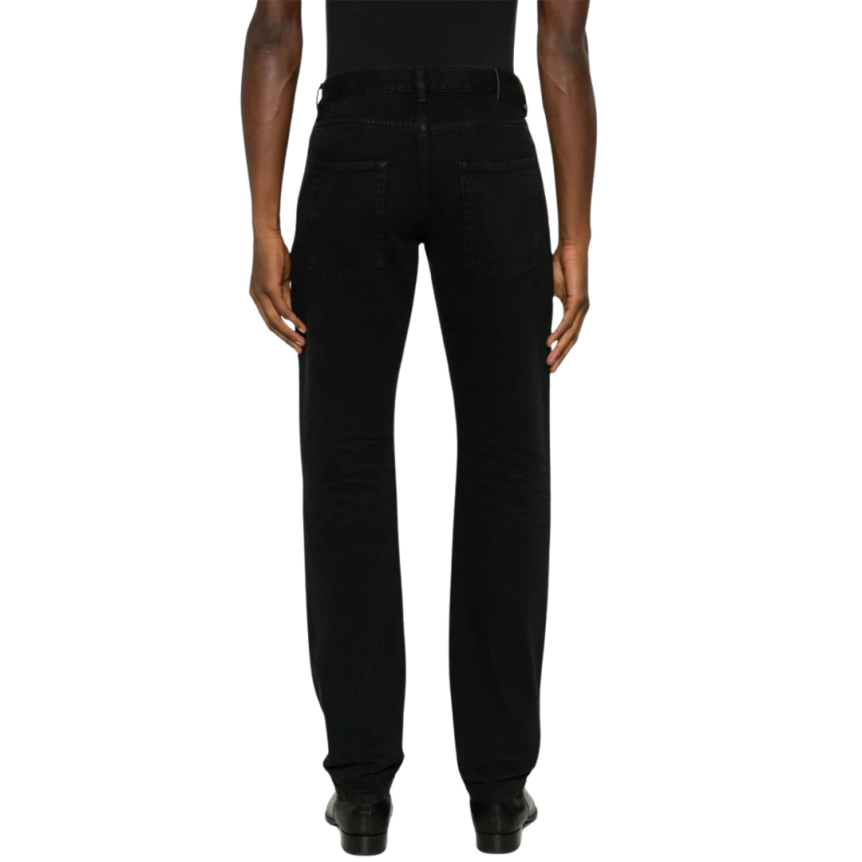 Jeans slim SAINT LAURENT coton denim noir délavé plaque cuir noir