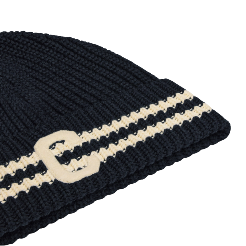CELINE Bonnet coton bleu marine rayures initiale C écru