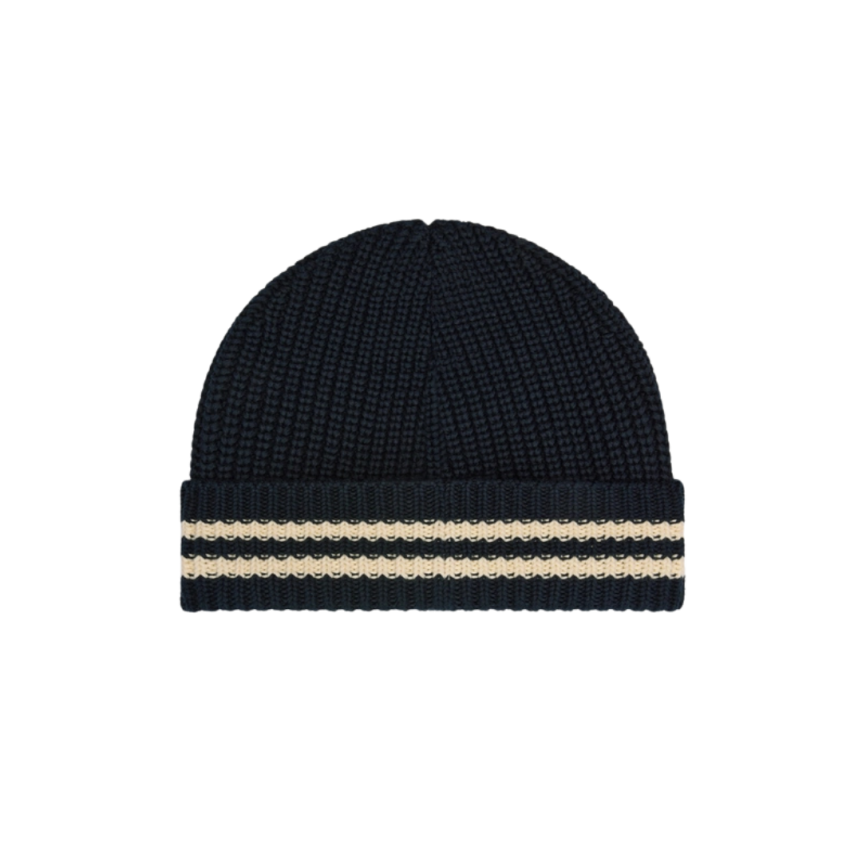 CELINE Bonnet coton bleu marine rayures initiale C écru