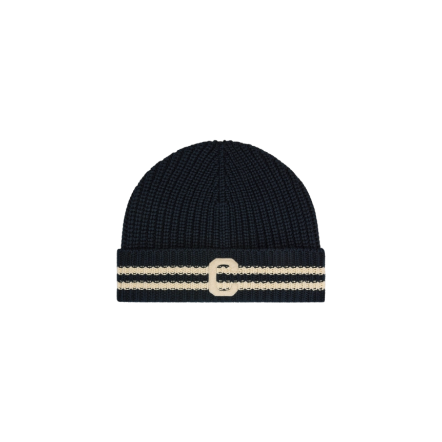 CELINE Bonnet coton bleu marine rayures initiale C écru