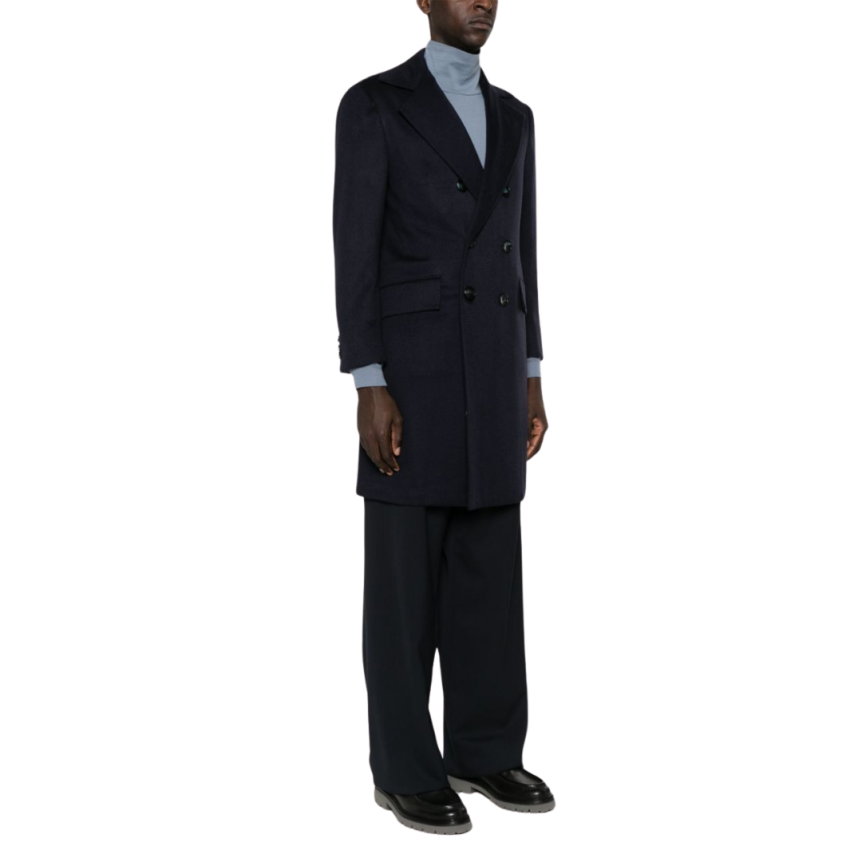 Manteau mi-long KITON croisé cachemire bleu marine