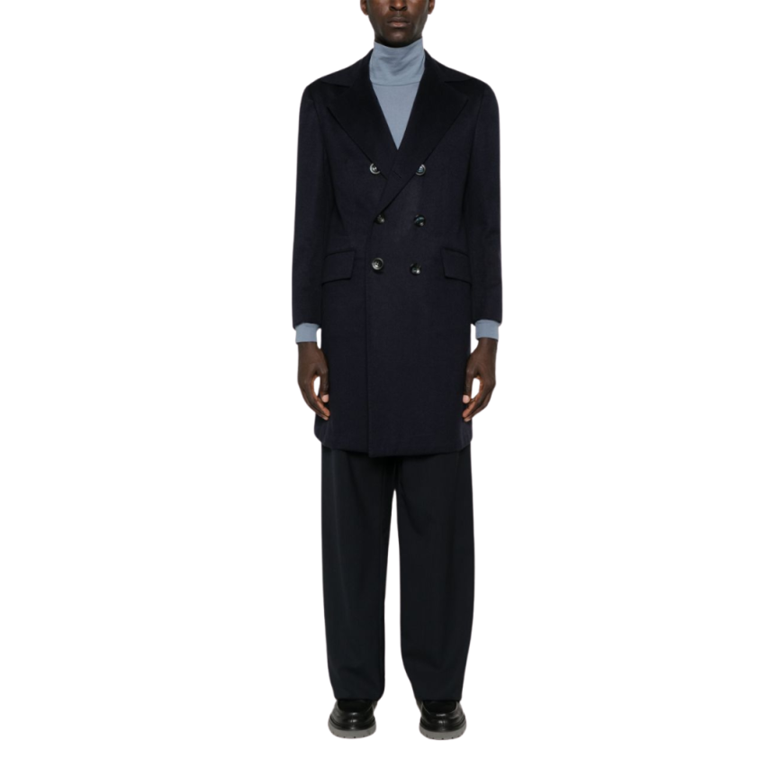 Manteau mi-long KITON croisé cachemire bleu marine