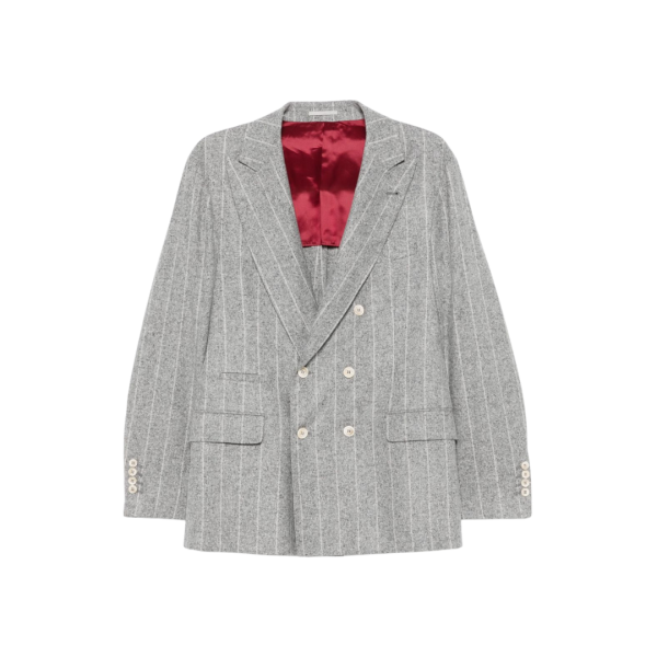 Veste Blazer BRUNELLO CUCINELLI croisé soie laine cachemire gris clair rayures tennis