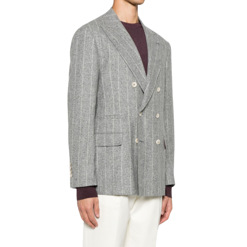 Veste Blazer BRUNELLO CUCINELLI croisé soie laine cachemire gris clair rayures tennis
