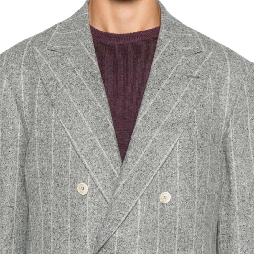 Veste Blazer BRUNELLO CUCINELLI croisé soie laine cachemire gris clair rayures tennis