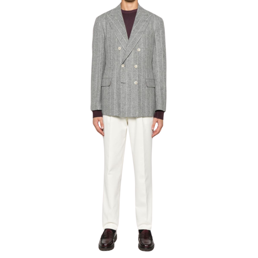 Veste Blazer BRUNELLO CUCINELLI croisé soie laine cachemire gris clair rayures tennis