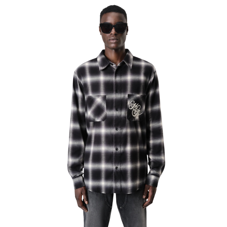 Chemise AMIRI flanelle coton carreaux noir gris logo poitrine dos