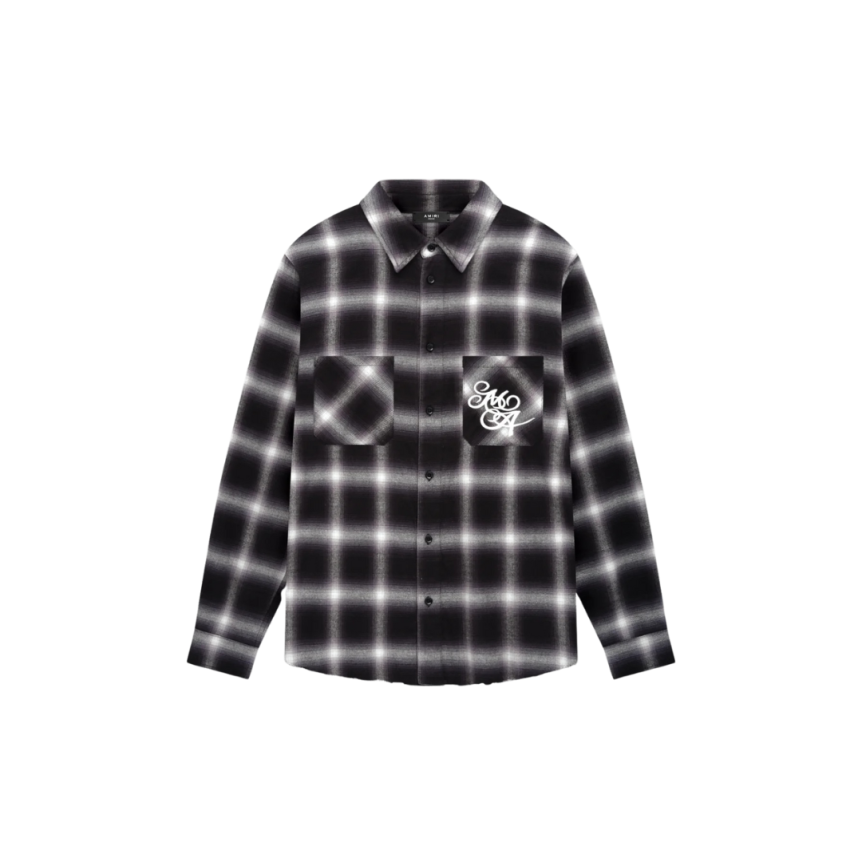 Chemise AMIRI flanelle coton carreaux noir gris logo poitrine dos