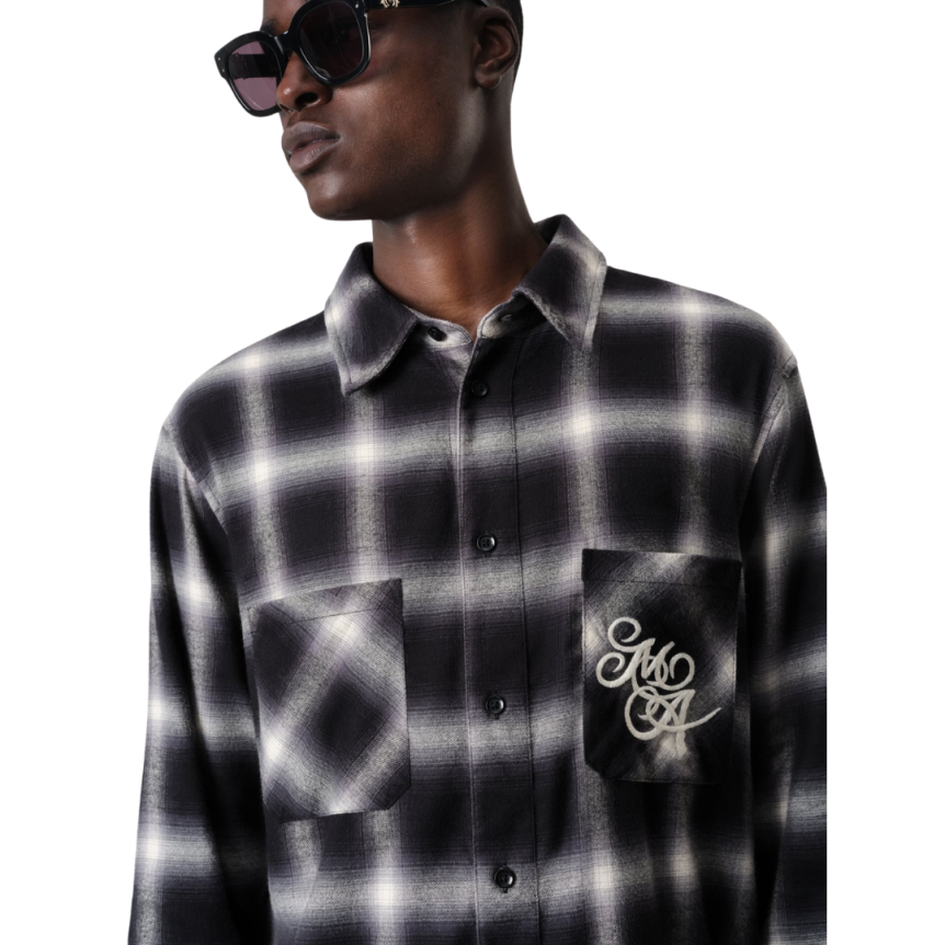 Chemise AMIRI flanelle coton carreaux noir gris logo poitrine dos