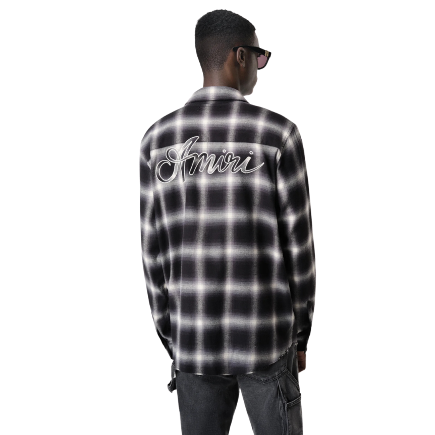 Chemise AMIRI flanelle coton carreaux noir gris logo poitrine dos