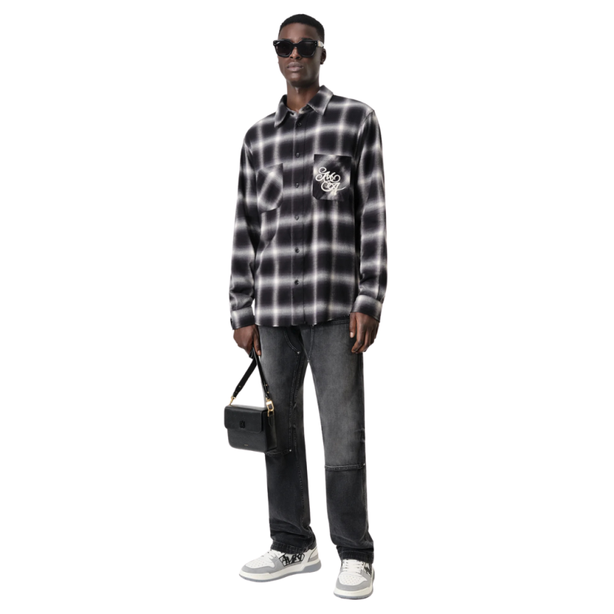 Chemise AMIRI flanelle coton carreaux noir gris logo poitrine dos