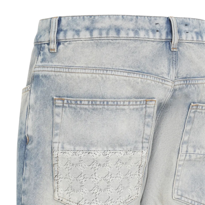 AMIRI Jean droit MA Quad cuff denim bleu clair effet délavé multi logos