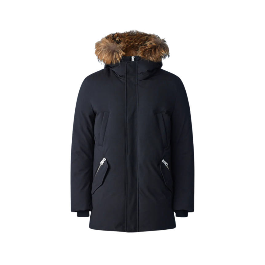 Parka mi-longue Edward noir plastron capuche fourrure