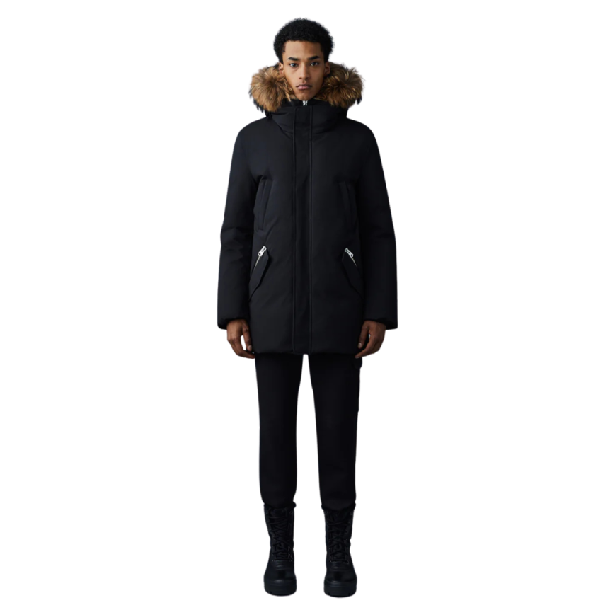 Parka mi-longue Edward noir plastron capuche fourrure