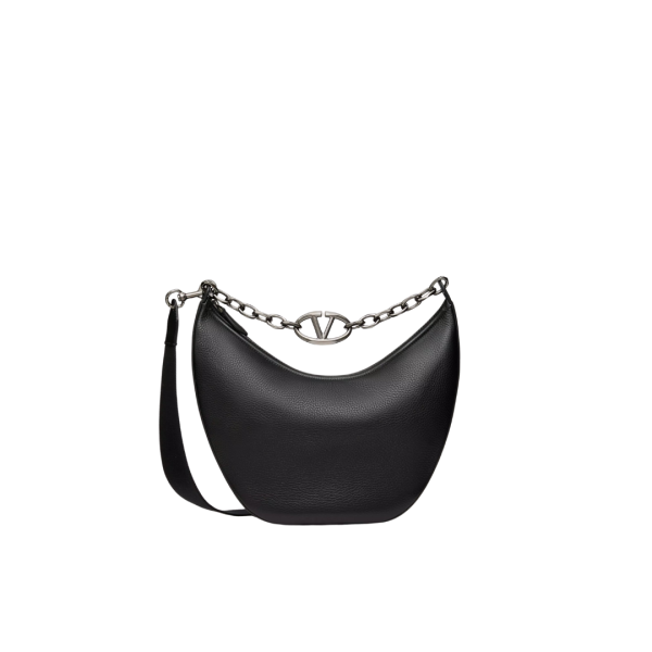 Sac porté épaule VALENTINO Hobo Medium cuir grainé noir chaîne V logo moon argent