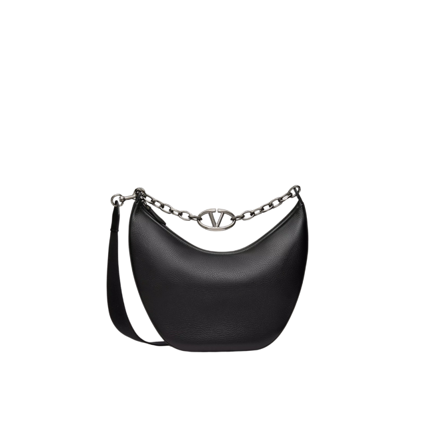 Sac porté épaule VALENTINO Hobo Medium cuir grainé noir chaîne V logo moon argent