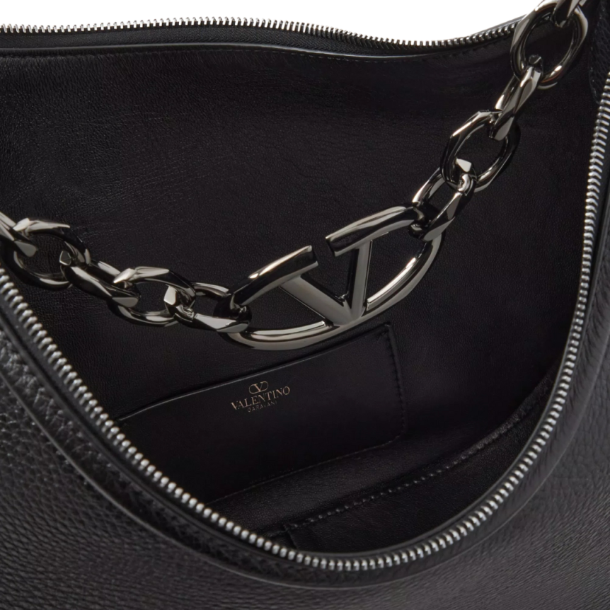 Sac porté épaule VALENTINO Hobo Medium cuir grainé noir chaîne V logo moon argent