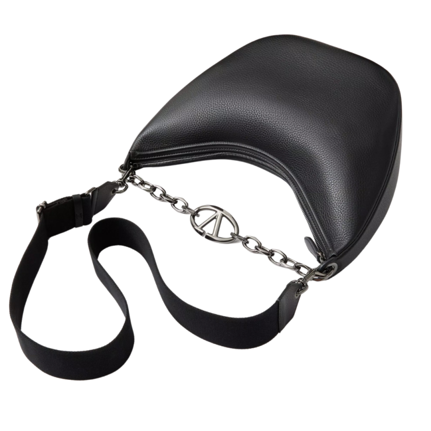 Sac porté épaule VALENTINO Hobo Medium cuir grainé noir chaîne V logo moon argent