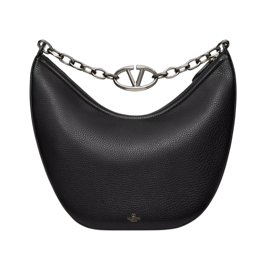 Sac porté épaule VALENTINO Hobo Medium cuir grainé noir chaîne V logo moon argent
