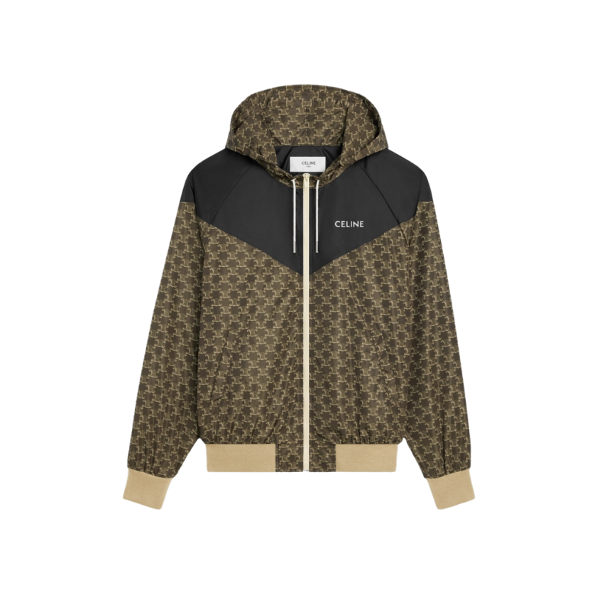Blouson capuche CELINE nylon marron logo triomphe beige V noir