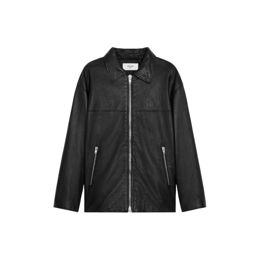 Blouson zippé CELINE cuir agneau noir col chemise