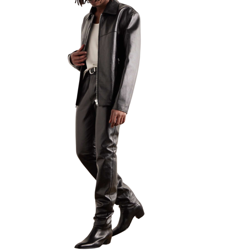 Blouson zippé CELINE cuir agneau noir col chemise